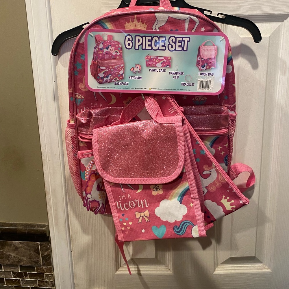 NWT 6 Piece Pink Unicorn Backpack & Accessories Set